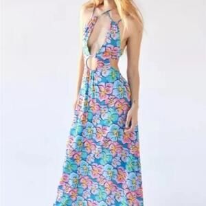 NWT For Love & Lemons Yasmin Open Back Floral Maxi Halter Dress Sz M